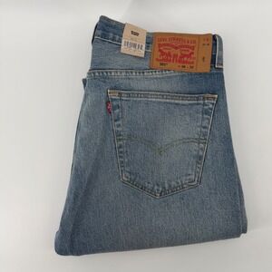 Levis Jeans Mens 36x32 Blue 501 Button Fly Distressed Straight Leg Stretch Denim